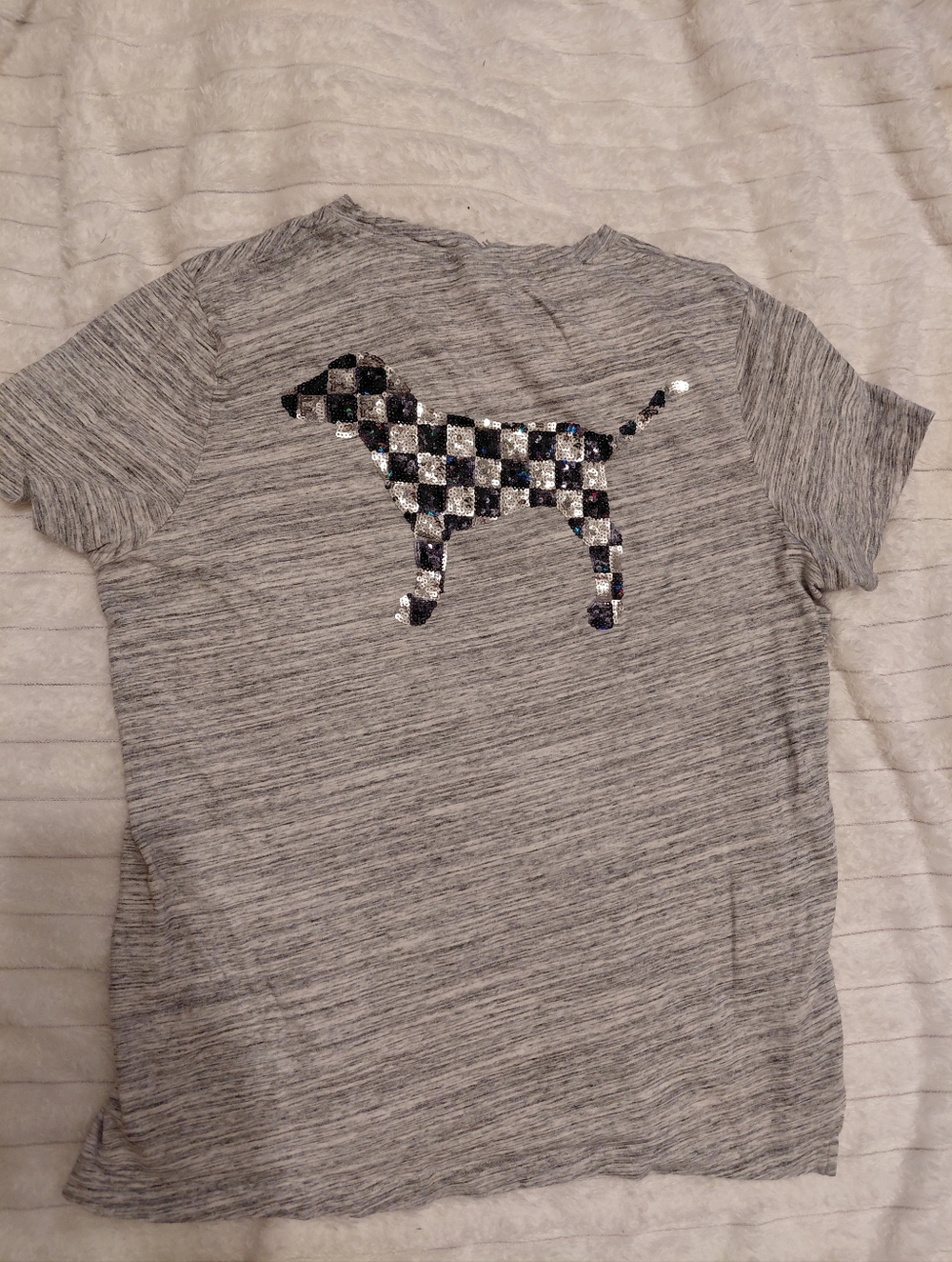 PINK VS Bling Sequin Checkered Print Dog Logo T Shirt